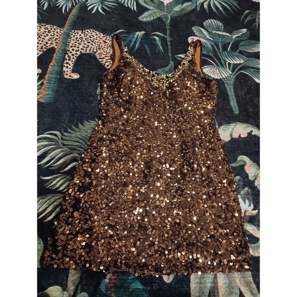 Scala Dresses & Skirts - VTG Scala Bronze Gold Sequin Mini Dress Sleeveless Cocktail Party Women 14 Silk